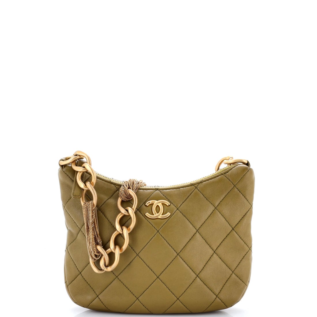 Chanel CC Mixed Chain Link Zip Hobo Quilted Lambskin: Mixed chain link on the strap is the detail that defines this hobo, alternating metal styles against quilted lambskin. At 9 by 6 by 3 inches it sits comfortably under the arm, with a zip top that clos