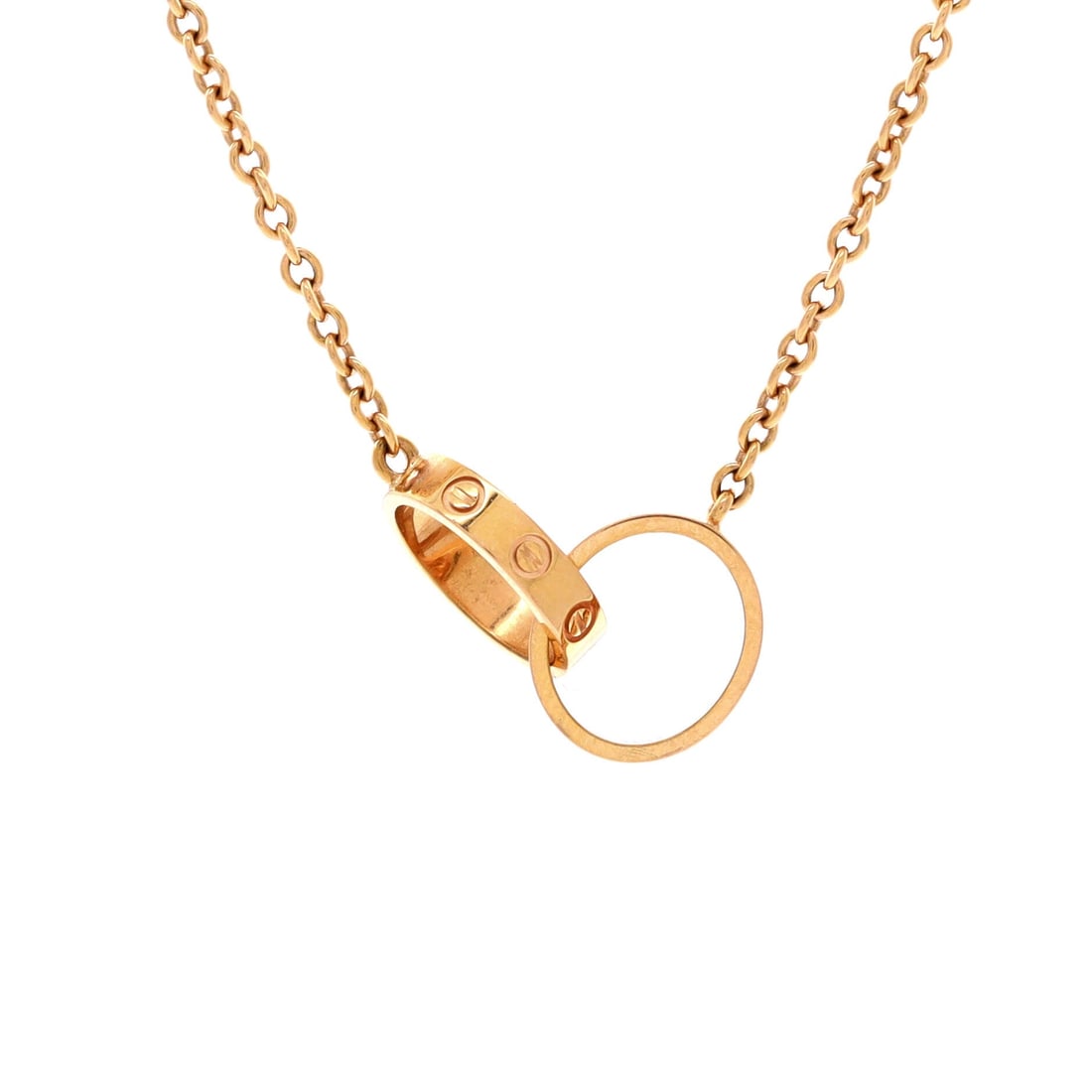 Cartier Love Interlocking Necklace 18K Rose Gold: Nothing about this necklace tries hard, which is a large part of why it sells. The interlocking rose gold rings carry the Love screws at a scale that reads as jewelry first and branding second. Inspec