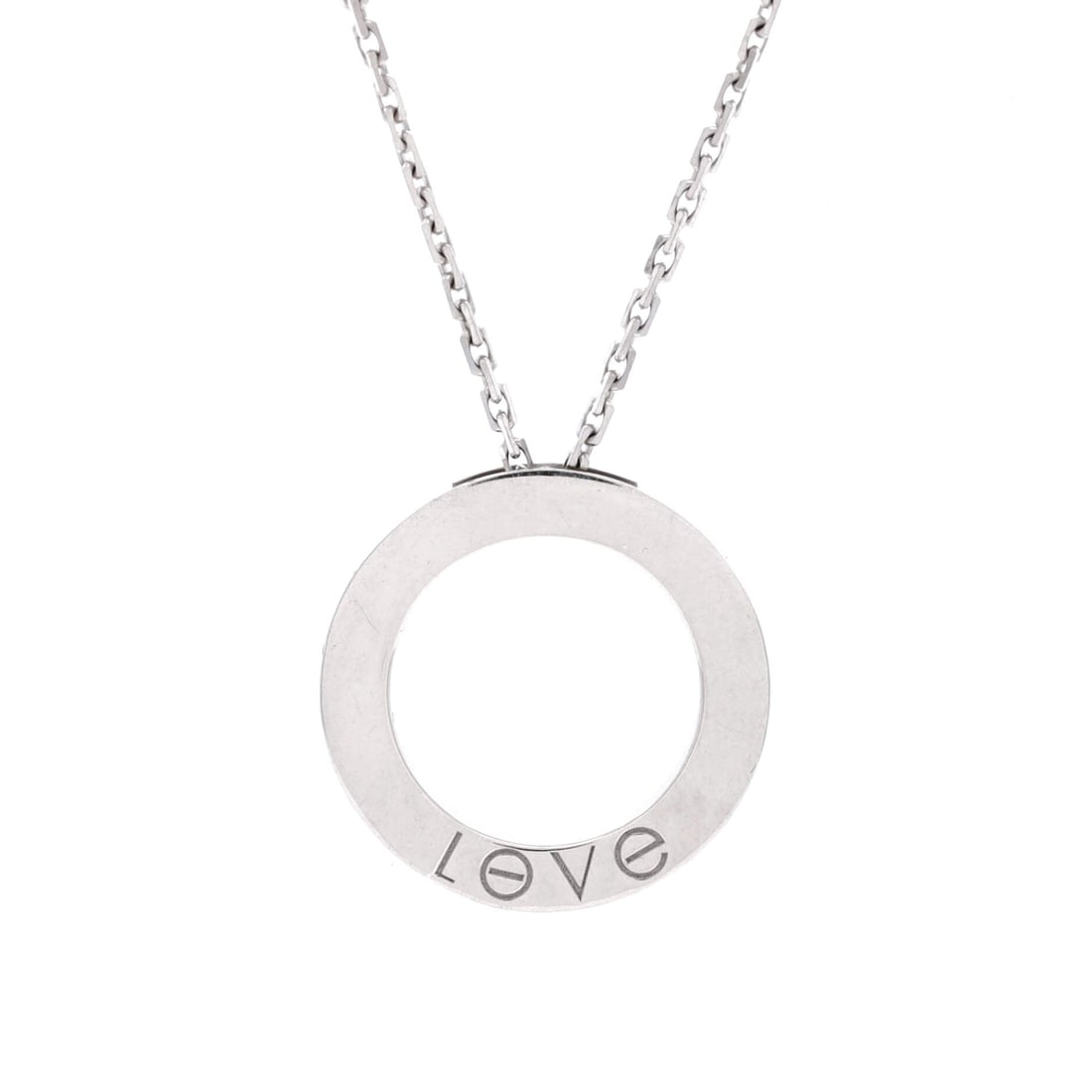 Cartier Love Pendant Necklace 18K White Gold: 18K white gold, no stones, just the Love ring reduced to a pendant, which makes it the most restrained thing Cartier builds in this line. It wears under a collar as easily as over one, and the cool me
