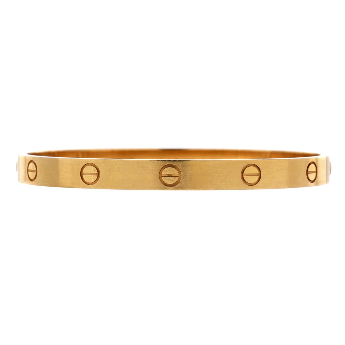 Cartier Love Bracelet Brushed 18K Yellow Gold: The brushed finish is the point here, taking the Love bracelet's 18K yellow gold down from mirror shine to a surface that absorbs the marks daily wear leaves. Screw motifs run the band as always, and 
