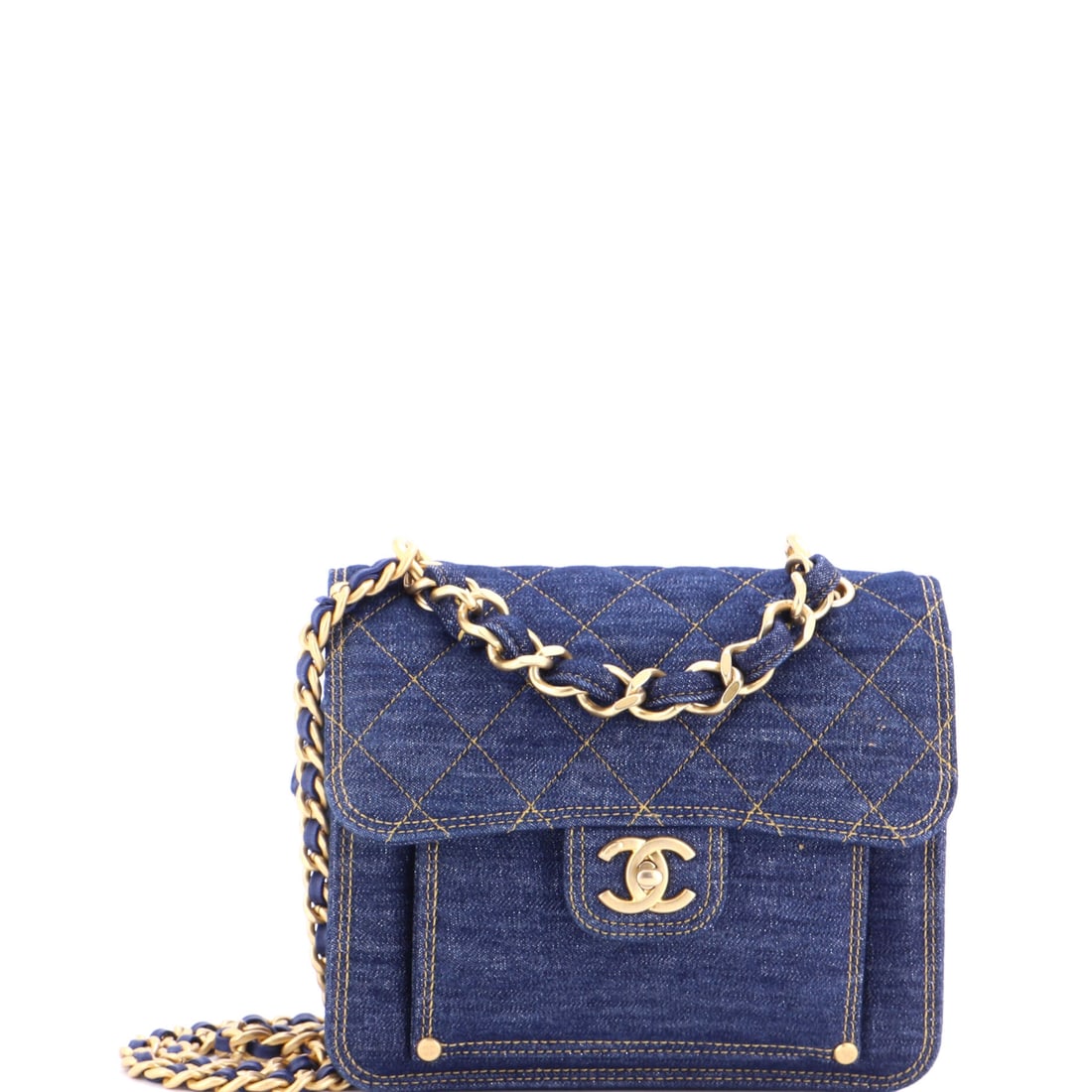 Chanel Double You CC Flap Bag Quilted Denim: The doubled CC is the point of this model, two interlocking logos stacked on the flap and left oversized against quilted denim. In the Medium the bag runs 9 in wide, 7.5 in high and 3 in deep, taller 
