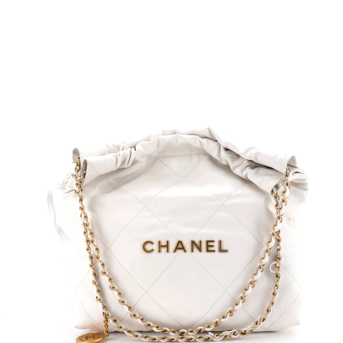 Chanel 22 Chain Hobo Quilted Calfskin: Square proportions, 12 in wide by 12 in high with a 3 in depth, make the Small 22 read taller than the Mini without stepping into tote territory. Calfskin quilting and a chain that threads the top gro