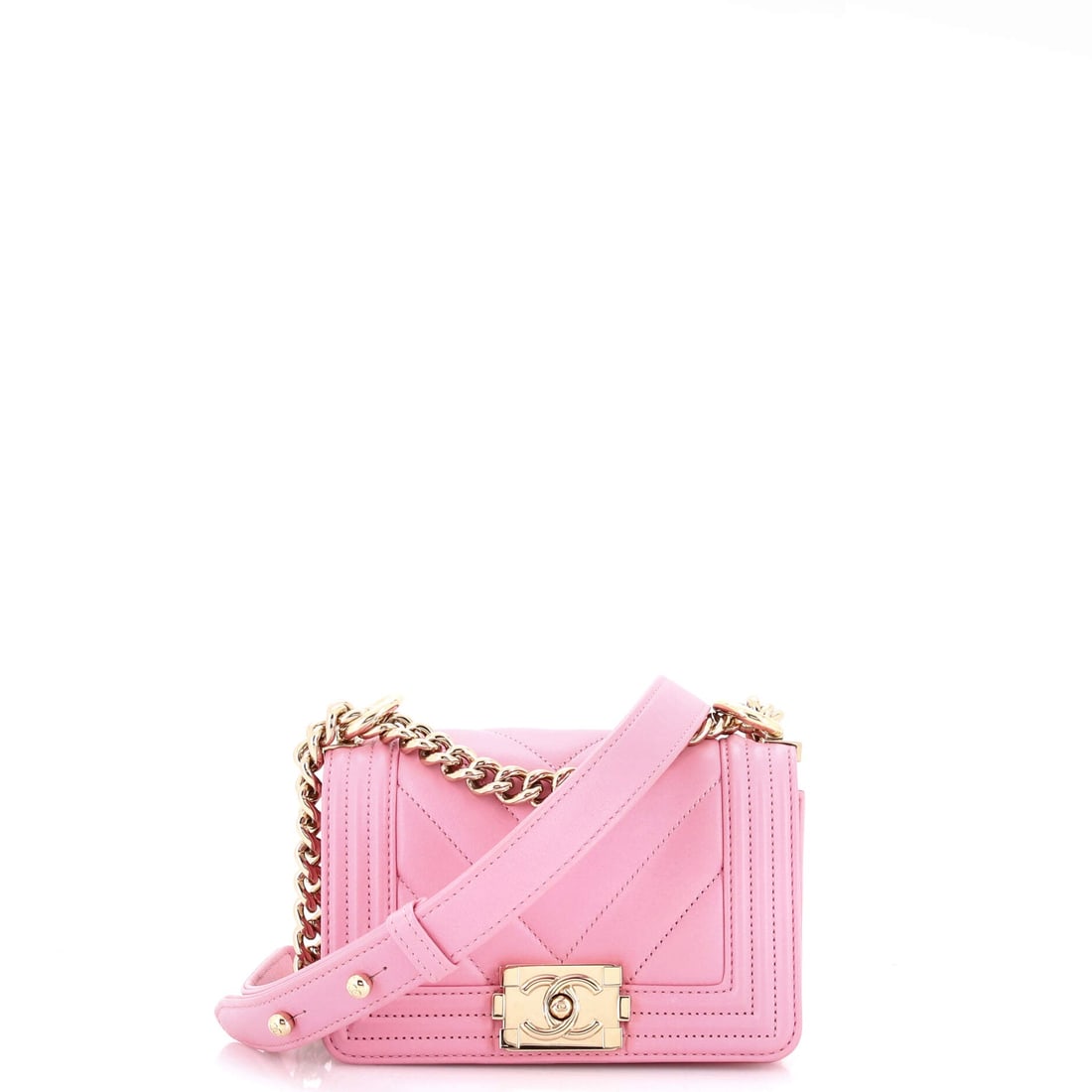 Chanel Boy Flap Bag Chevron Lambskin: Lambskin cut on the chevron takes light differently along each panel, which is why these run warmer than the caviar Boys. At Mini scale, 6 in across, 4 in tall, 2.5 in deep, the bag holds essentials a