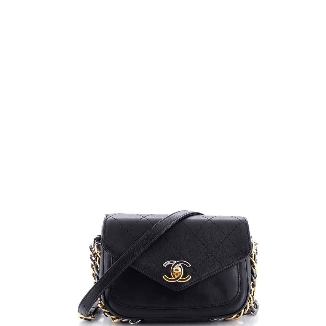 Chanel Two Tone Envelope Flap Bag Quilted Calfskin: Two-tone panels on an envelope flap make the fold line the focus, and quilted calfskin holds that line sharply. The Small runs 7 in wide by 5.5 high with a 2 in depth, shallow enough to wear flat unde