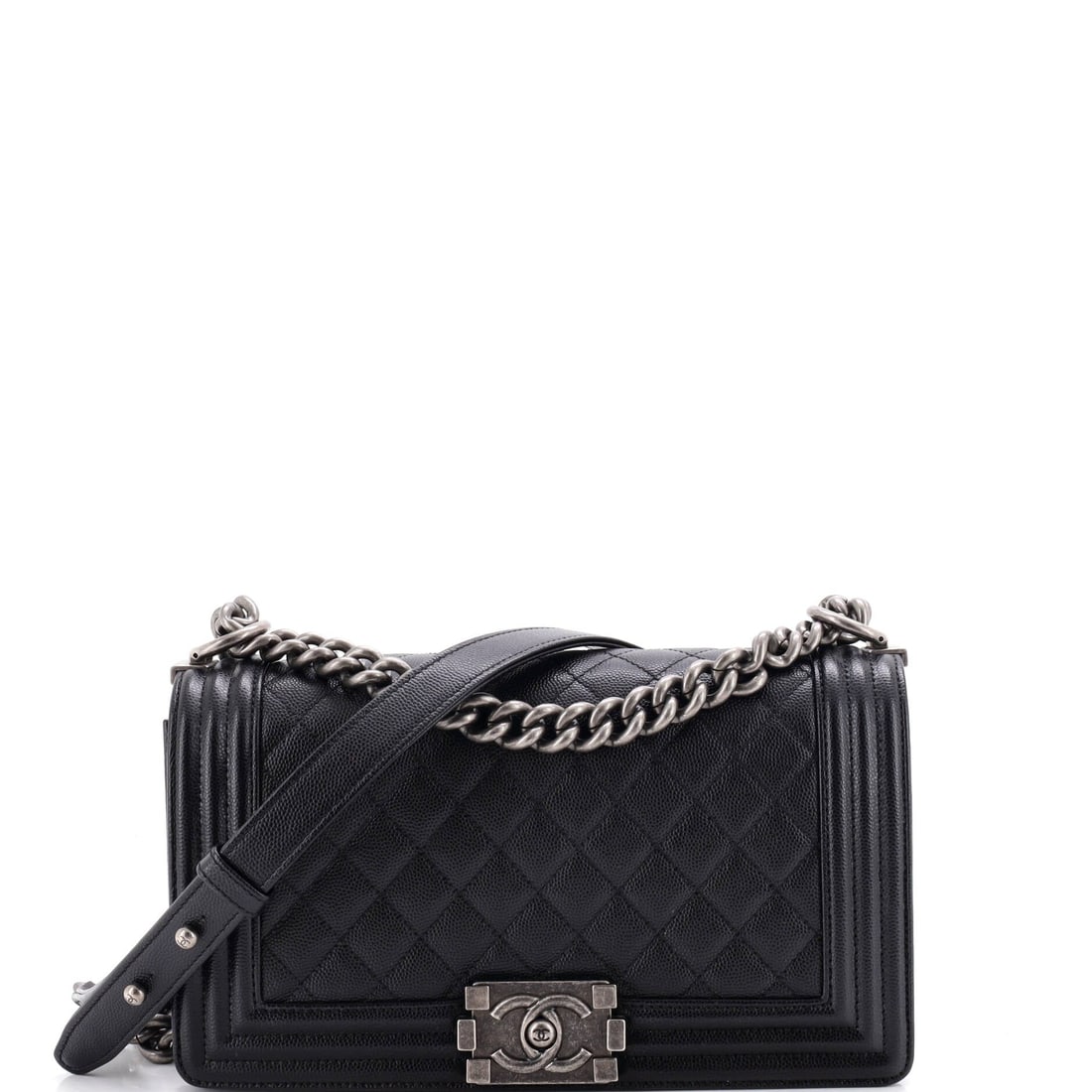 Chanel Boy Flap Bag Quilted Caviar: Slightly trimmer than the other Old Mediums in this sale at 9.5 in wide, this Boy still gives the 6 in height and 3 in depth that make the size practical. The quilted caviar has the matte grain that k