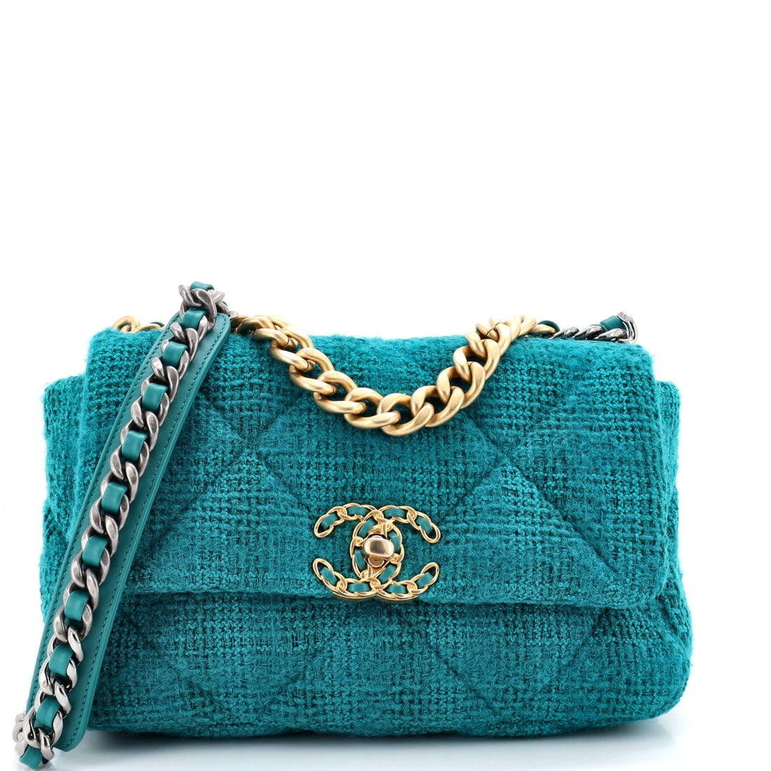 Chanel 19 Flap Bag Quilted Tweed: The flap on the 19 folds over softly rather than snapping shut, which is what gives the model its relaxed line and what tweed exaggerates. Ten inches wide, 6 high and 3 deep in the Medium, it takes a 