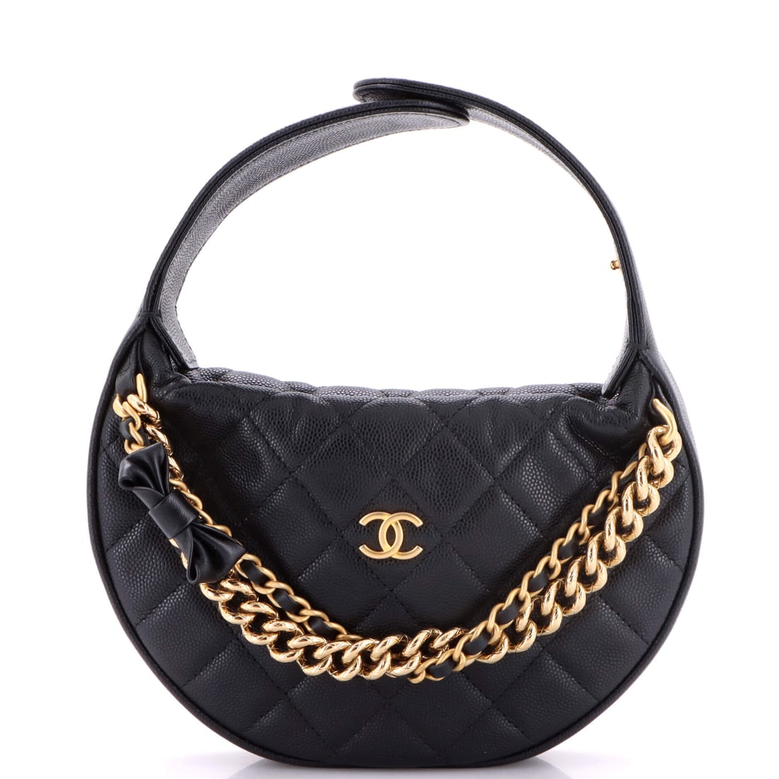 Chanel Double Chain Bow Hobo Pouch Quilted Caviar: Same 7.5 in width as its counterpart here, same 6.5 in height and 3 in depth, but the appeal of these Minis is in the details rather than the dimensions: a quilted bow across the front and two chains 