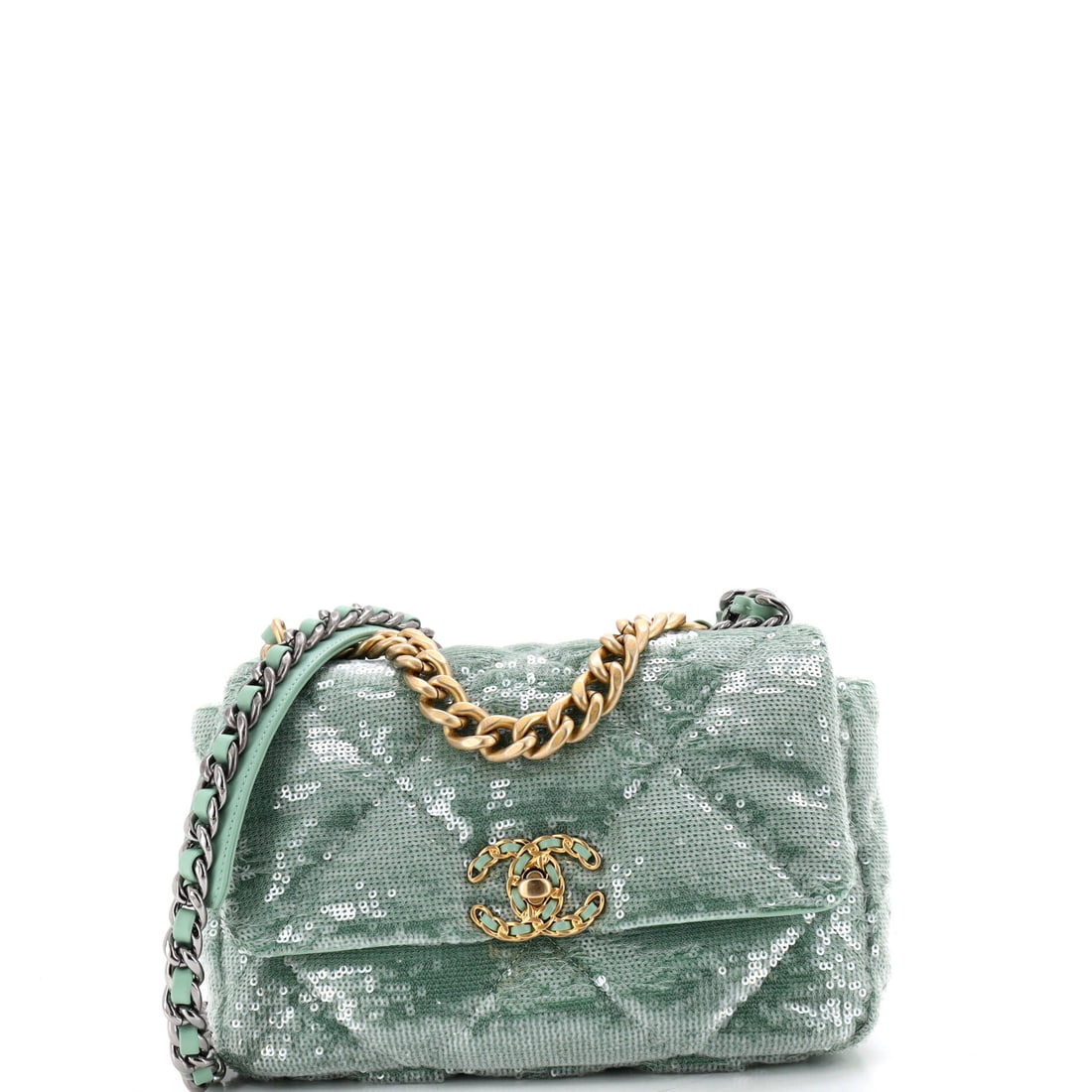 Chanel 19 Flap Bag Quilted Sequins: Worn long the 19 drops low and the sequins move with it; doubled, it sits at the hip like a proper day bag. This Medium runs wider than most at 11 inches across, 6 high and 3 deep. The sequin surface 