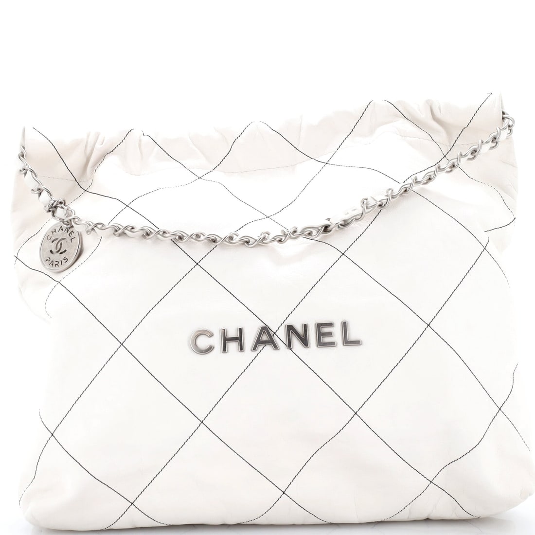 Chanel 22 Chain Hobo Quilted Calfskin: Bidders who want the 22 as a work bag look for exactly this footprint, the Large at 14 by 17 by 4 inches with the chain long enough to clear a coat on the shoulder. Soft calfskin means it collapses fl