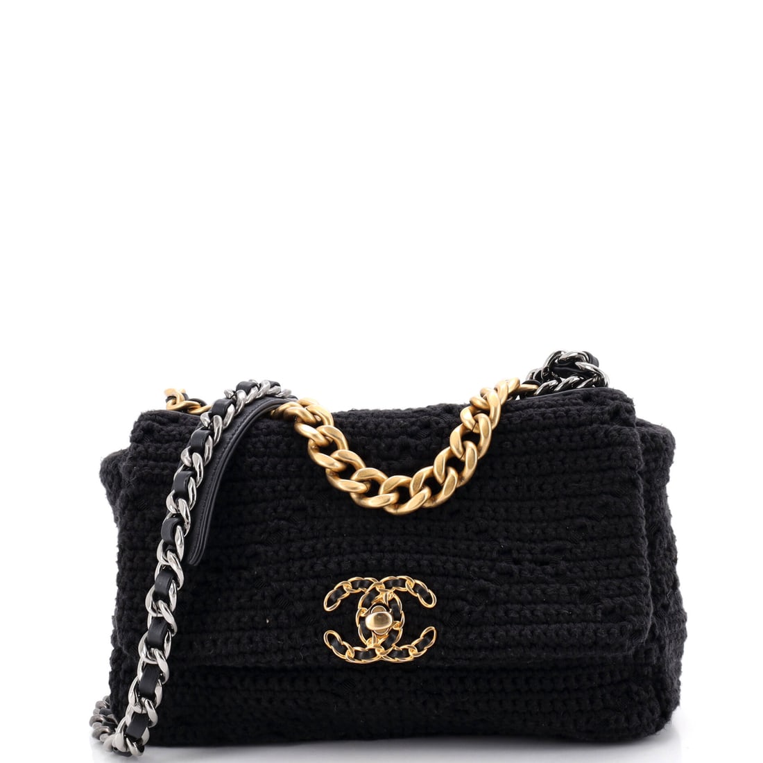 Chanel 19 Flap Bag Crochet: Crochet across the front gives this Chanel 19 a textured face where most examples give you smooth quilted leather. This is the Medium, 10 inches wide by 7.5 high with a 3.5 in depth, which keeps the