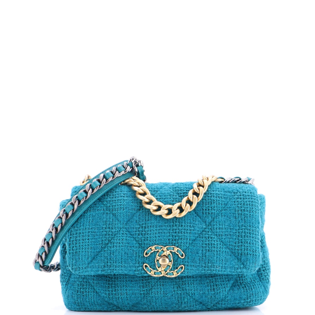 Chanel 19 Flap Bag Quilted Tweed: Chanel built the 19 around a soft, unstructured body, and tweed is the material that commits hardest to that idea. The condition is Grade B - Excellent. Medium here, 10 by 6 by 3 inches, small enough 