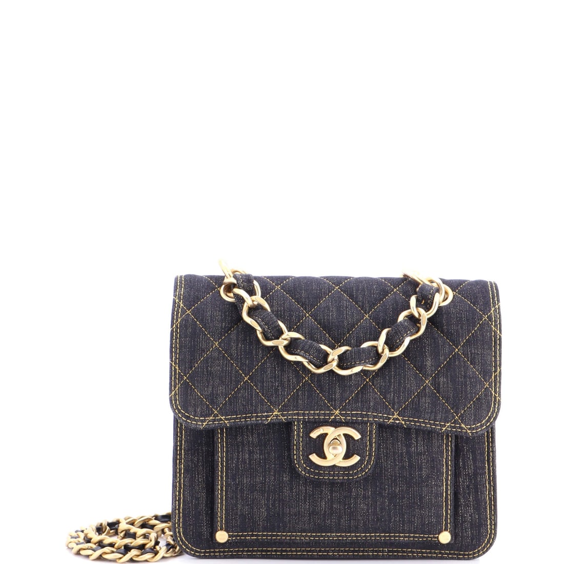 Chanel Double You CC Flap Bag Quilted Denim: Denim keeps this Medium light, which matters on a bag carrying hardware as substantial as the double CC flap. Measurements are 8.5 in across, 7.5 in high and 3 in deep, the most compact of the Double 