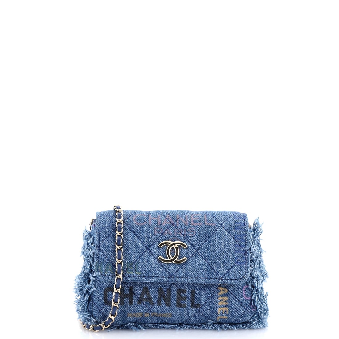 Chanel Denim Mood Flap Clutch with Chain Logo Printed Quilted Fringe Denim: The chain lets this work as a shoulder piece, unusual for something with a clutch's footprint at 6 by 4 by 1 inches. Logo printing runs across the quilted denim, with fringe finishing the edges. Denim
