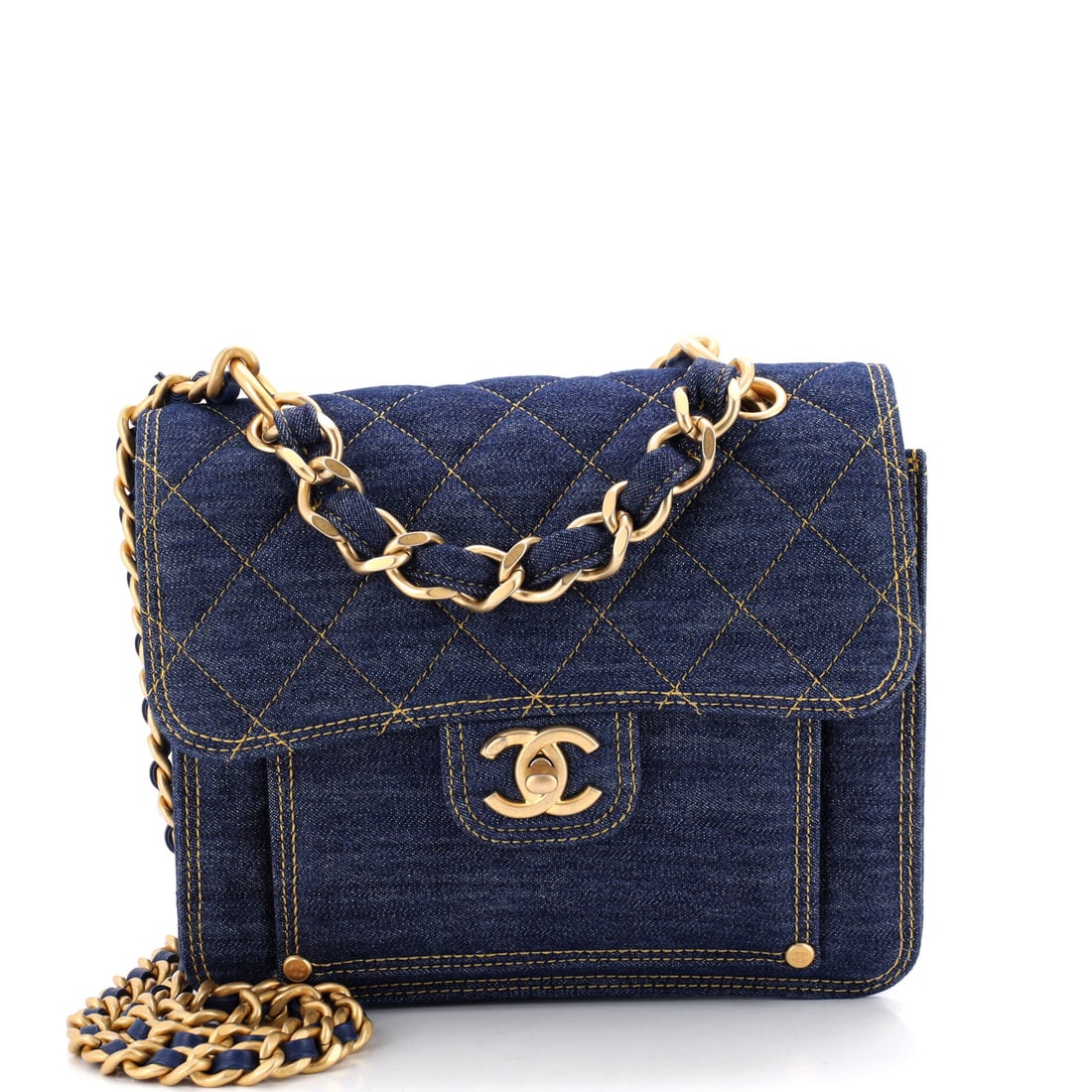 Chanel Double You CC Flap Bag Quilted Denim: Vertical proportions set the Double You apart from Chanel's other denim flaps, and this Medium shows it clearly with 7.5 in of height against a 9 in width and 3 in of depth behind. The quilting runs e