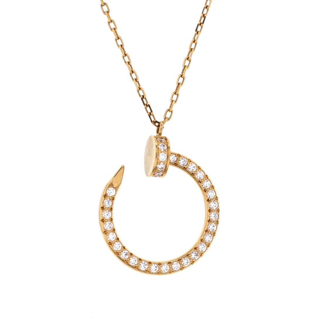 Cartier Juste un Clou Pendant Necklace 18K Yellow Gold and Pave Diamonds: Bidders who already own the bracelet tend to come back for this pendant, and the pave treatment on 18K yellow gold is the version that moves fastest. The nail curve keeps the pendant sitting flat agai