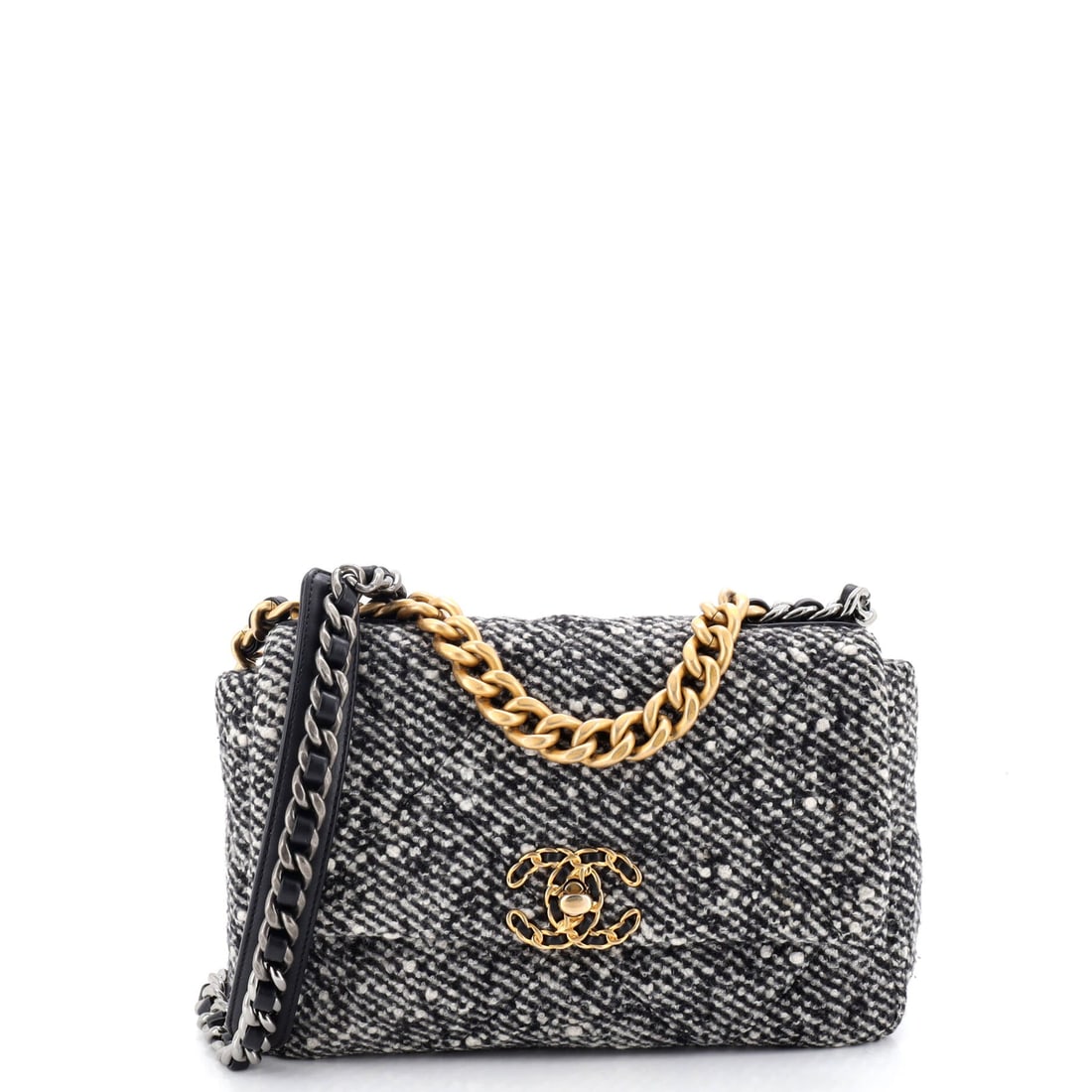Chanel 19 Flap Bag Quilted Wool: A wool-bodied 19 in the Medium, with the loose quilting and slack flap that separate this model from the Classic. It grades Grade C - Very Good, so expect a bag with wear behind it rather than a displ