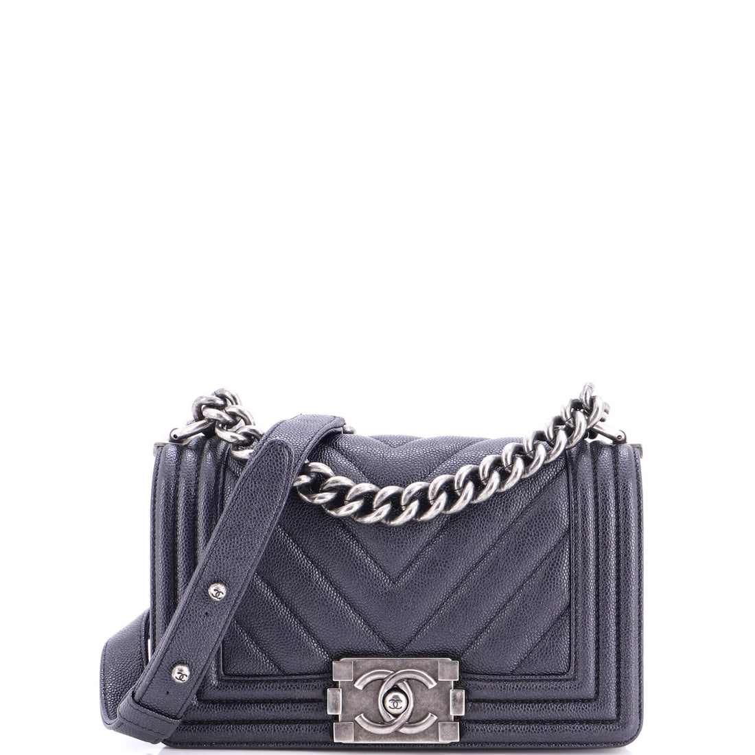 Chanel Boy Flap Bag Chevron Caviar: Chevron caviar reads matte and structural, which is why the Boy line keeps returning to it. The 8 by 5 by 3 inch Small is the compact end of the range in this sale, sized for evening but rigid enough 
