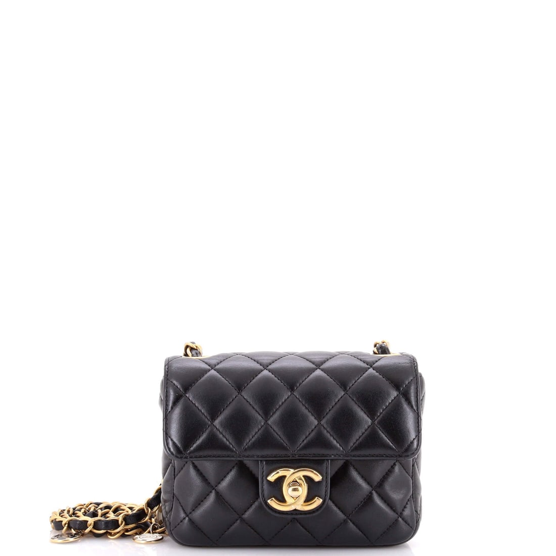 Chanel Casino Royale Charms Square Flap Bag Quilted Lambskin with Enamel: Square flaps carry differently from rectangular ones, shorter and deeper and more upright on the chain, and at 6 by 5 by 3 inches this Mini is squarely that. The enamel charm detail is the collectible