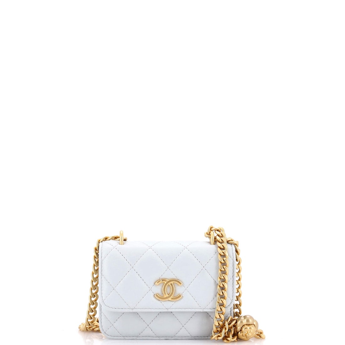 Chanel Sweet Camellia Flap Clutch with Chain Quilted Lambskin: Quilted lambskin at 5 in wide, 3.5 in high and 1.5 in deep leaves the camellia motif taking up most of the front panel on this Mini. The chain is fixed and long, which suits a piece meant to hang rath