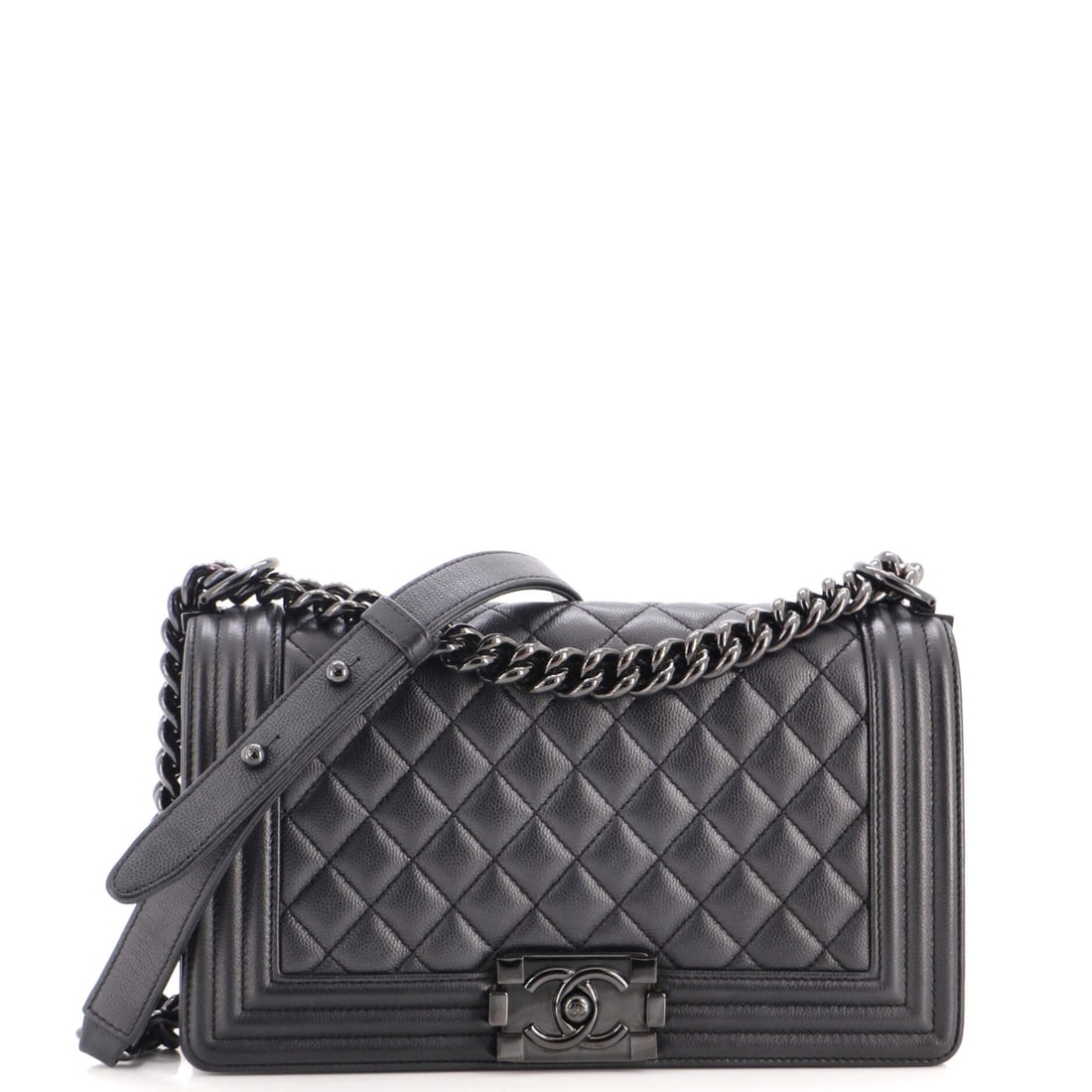 Chanel So Black Boy Flap Bag Quilted Caviar: Monochrome Boys have their own bidder pool, and the caviar So Black is the most durable of them since the grain hides handling on blackened hardware. This Old Medium runs 9.5 by 6 by 3 inches. The exa