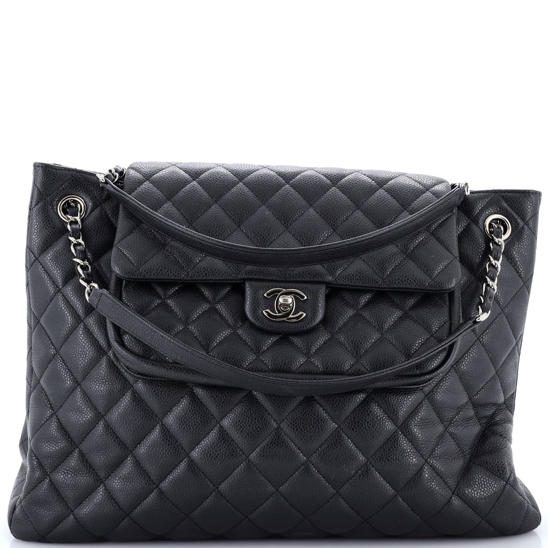Chanel Classic Flap Shopping Tote Quilted Caviar: Fourteen and a half inches wide by 11 high with a 4 inch base makes this the Large, and at that footprint the quilted caviar tote works as a genuine carryall rather than a shoulder bag. The flap keeps