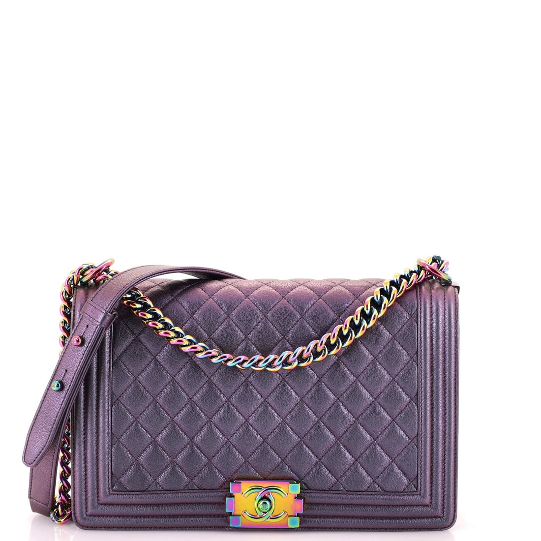 Chanel Boy Flap Bag Quilted Iridescent Goatskin: Bidders tend to treat the Boy as the everyday alternative to a Classic Flap, and the New Medium is where that logic pays off: 11 inches across, 7 high, 3 deep, with a rigid body that keeps its shape w
