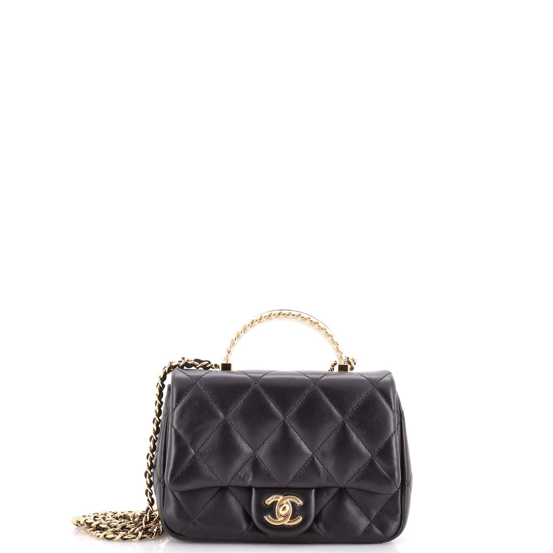 Chanel Resin Chain Top Handle Flap Bag Quilted Lambskin: Resin links in place of metal make the chain a design element in its own color, and paired with a top handle they give this Small two very different ways to carry. The body measures 7 in wide, 5 in hi