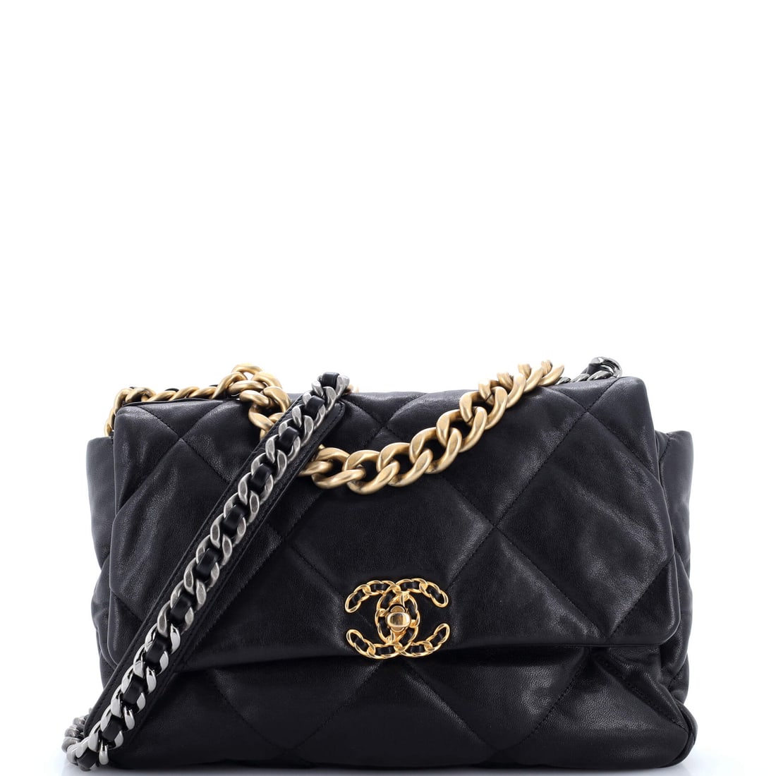 Chanel 19 Flap Bag Quilted Shiny Crumpled Calfskin: Shiny crumpled calfskin is the finish that makes the 19 look almost inflated, catching light across every quilted panel. The Large runs 11.5 in wide by 6.5 in high with a 3 in depth, generous without 