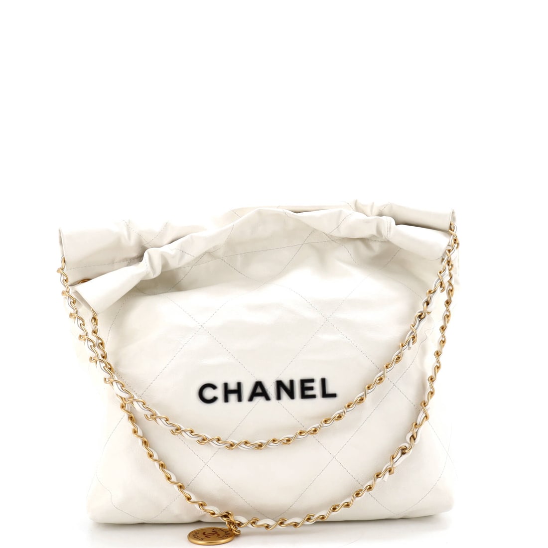 Chanel 22 Chain Hobo Quilted Calfskin: A 12 in square body with 3 in of depth keeps the Small 22 honest to the model's proportions without the bulk of the Large. Calfskin takes handling better than lambskin would on a bag with an open top.