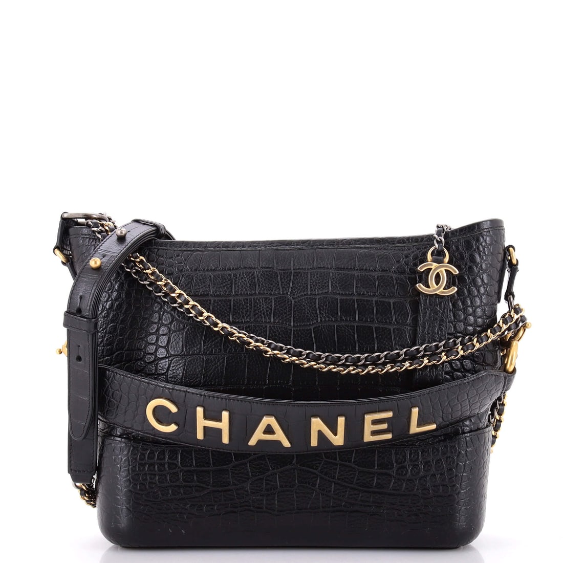Chanel Gabrielle Hobo with Logo Handle Crocodile Embossed Calfskin: Embossed calfskin holds up better than smooth on a bag built to flex, which matters at Medium scale where the sides take the most movement. Measurements run 10.5 by 8.5 by 4 inches, with the logo hand