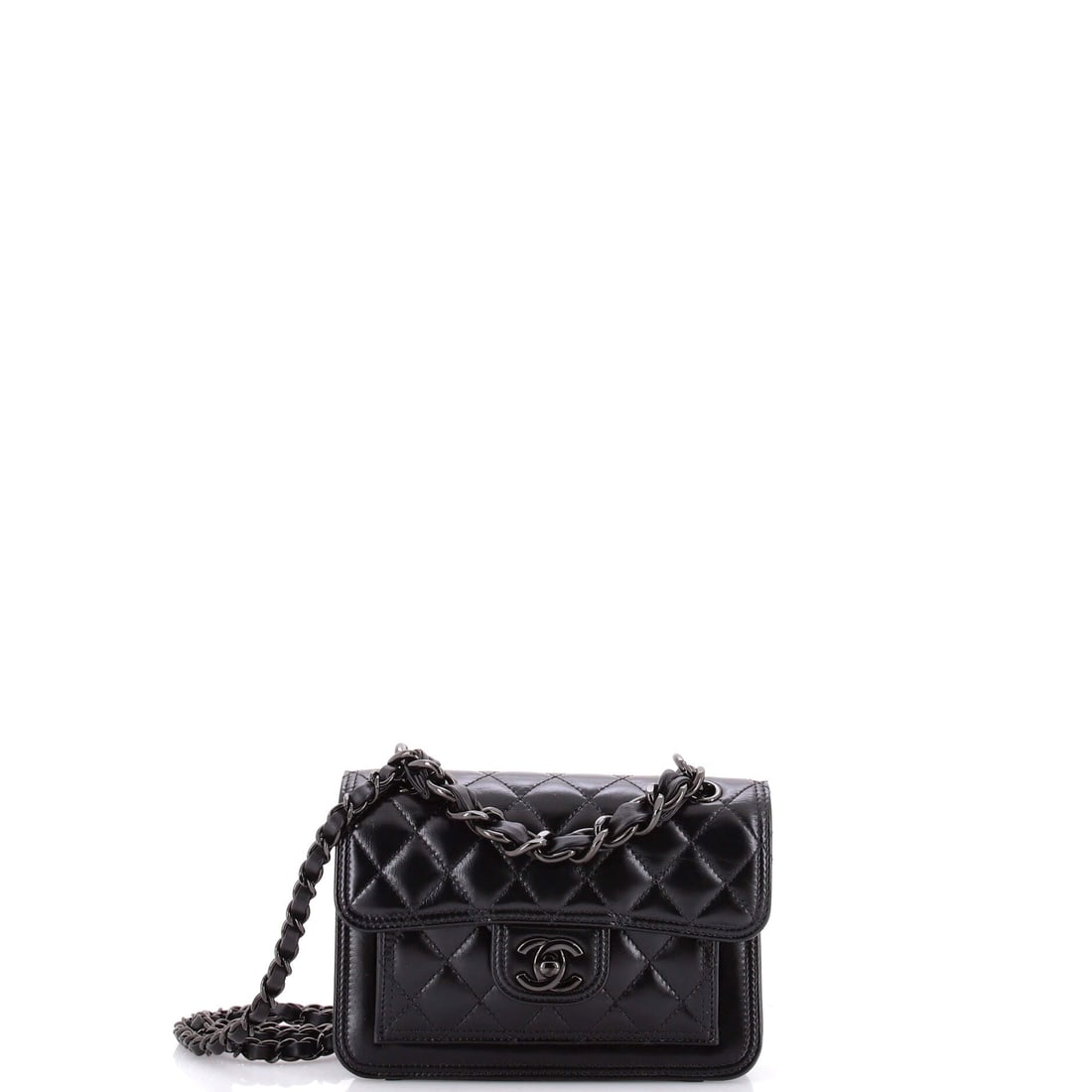 Chanel So Black Double You CC Flap Bag Quilted Shiny Crumpled Calfskin: Mini is where the crumpled calfskin works hardest, because there is less surface and the light does more with it. This one runs 7.5 by 5.5 by 3 inches, deeper than the Medium version despite being muc