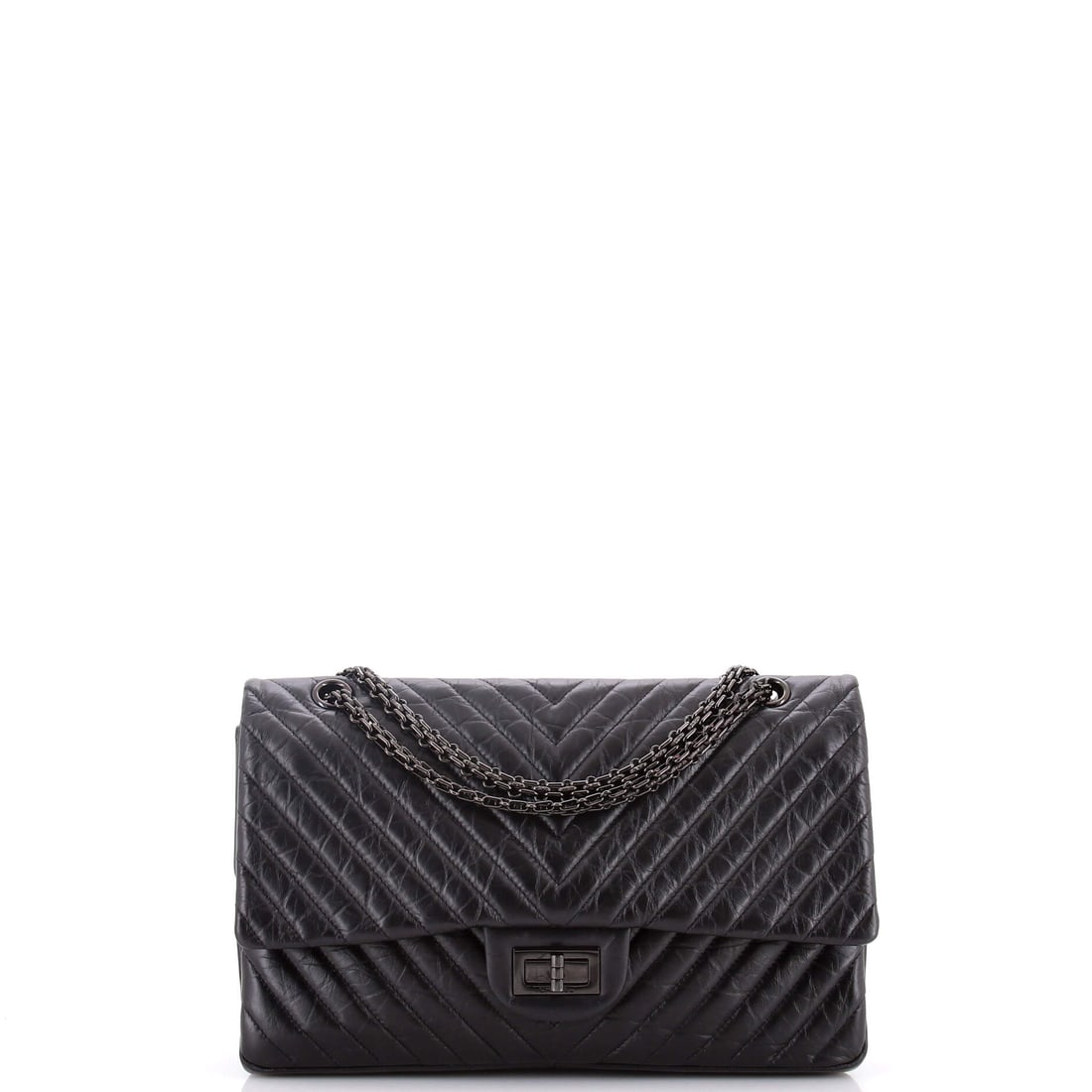 Chanel So Black Reissue 2.55 Flap Bag Chevron Aged Calfskin: Between the two Reissue sizes in this sale, the 227 is the one that carries: 12 inches across, 7.5 high, 3.5 deep, with the depth for a full day. The chevron cut runs on a diagonal that reads sharper 