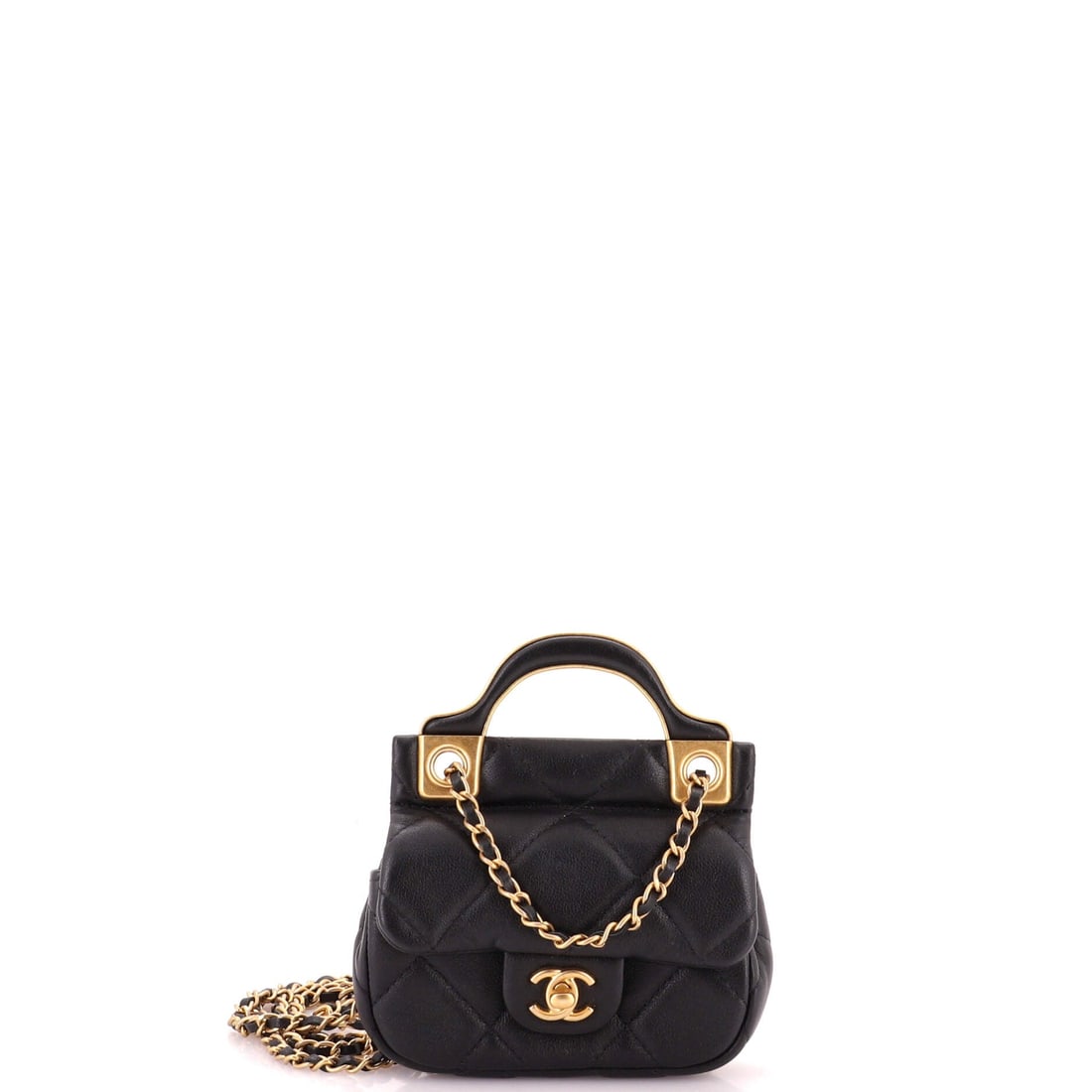 Chanel Lady Handle Flap Card Holder on Chain Quilted Calfskin: Half an inch wider than the smallest examples here at 4.5 by 4 by 1 inch, this Lady Handle gains just enough width to take an evening's worth of cards comfortably. The chain converts it into a genuine