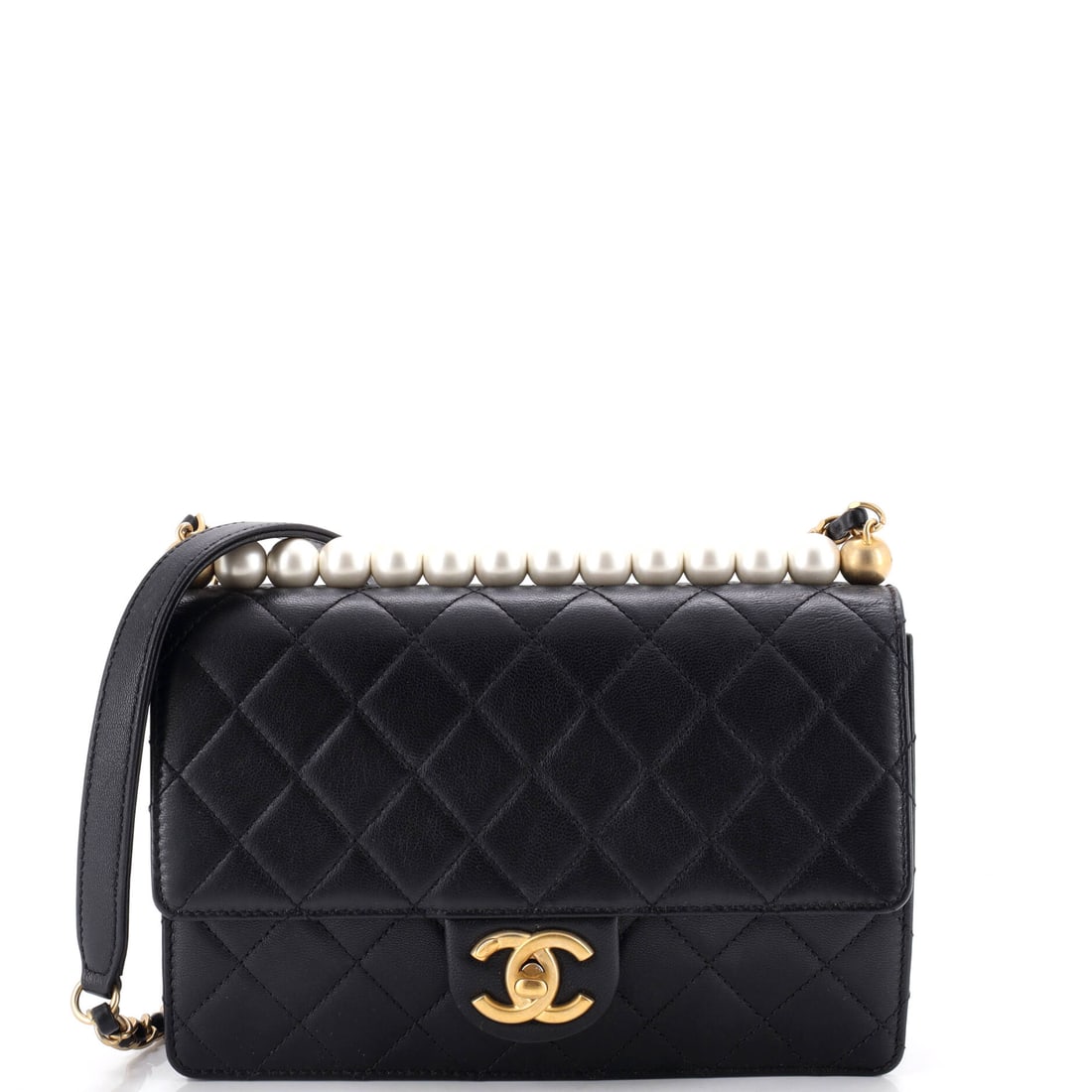 Chanel Chic Pearls Flap Bag Quilted Lambskin: Pearl detailing on the chain and clasp is what the Chic Pearls line gets bought for, and on an 8.5 by 6 by 2 in Small it stays proportionate rather than costume. Quilted lambskin keeps the body light 