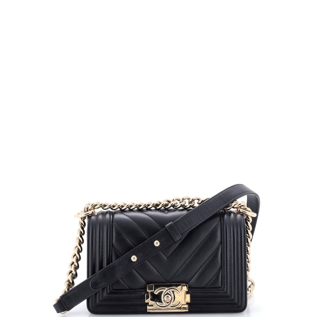 Chanel Boy Flap Bag Chevron Calfskin: Few Chanel models are as recognizable from across a room as the Boy, and the chevron treatment sharpens that silhouette further. Small scale, 8 by 5 by 3 inches, so it takes a phone and a card case an