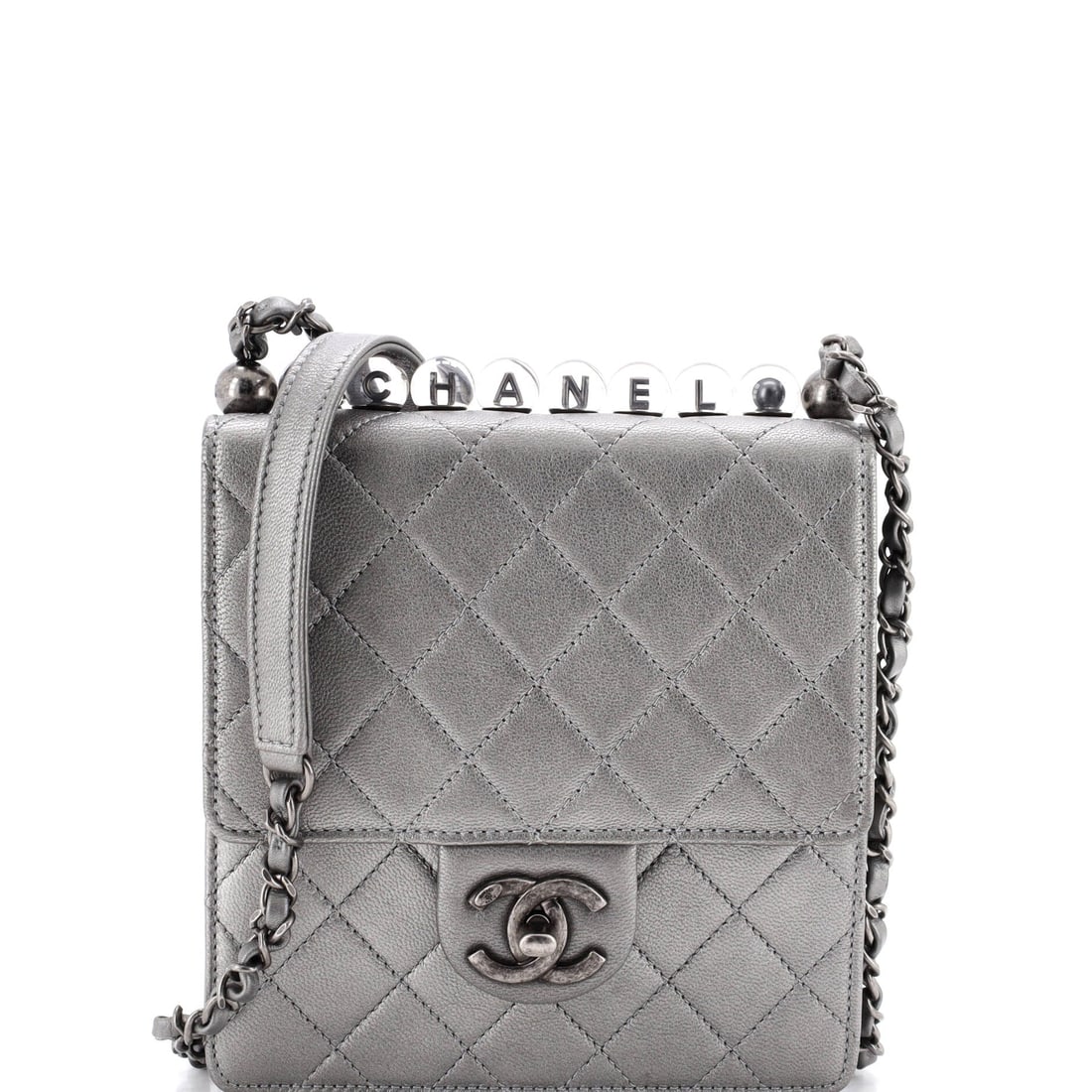 Chanel Chic Pearls Flap Bag Quilted Goatskin with Acrylic Beads: Smaller than the Small versions in this sale, this Mini stands 7.5 in high against a 6.5 in width and just 2 in of depth, taller than it is wide, with the acrylic beads and quilted goatskin unchanged 