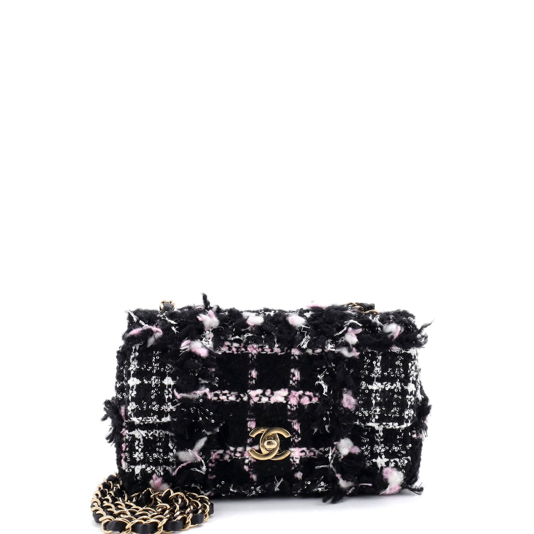 Chanel Classic Single Flap Bag Quilted Tweed and Sequins: Tweed and sequins together push a Classic Single Flap firmly toward evening, with the quilting picked out in texture instead of leather sheen. At Mini scale, 8 in wide, 5 high, 3 deep, it stays small 