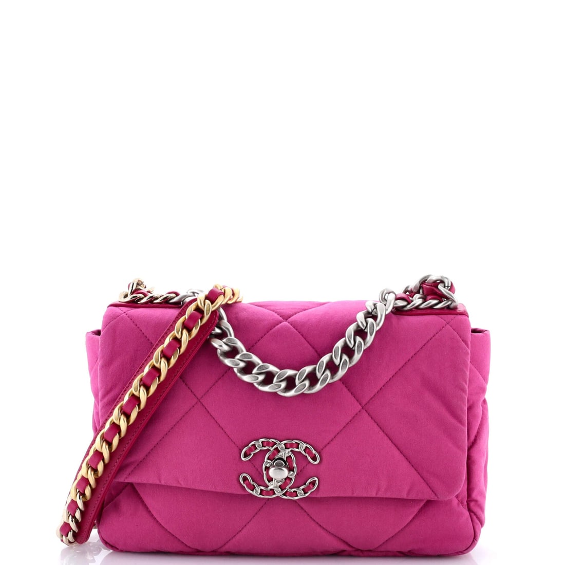 Chanel 19 Flap Bag Quilted Canvas: Smaller than the Large 19s elsewhere in this sale, the Medium runs 10 in wide by 6 in high by 3 in deep and lands as the everyday proportion of the line. Quilted canvas keeps the body slouchy, so the 