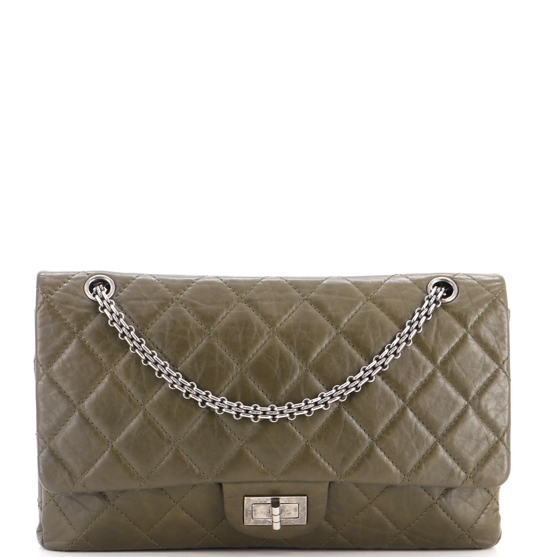Chanel Reissue 2.55 Flap Bag Quilted Aged Calfskin: 227 is the largest Reissue that turns up with any regularity, 12 in wide, 8 in high and 4 in deep, and genuinely a day bag. Aged calfskin at that scale means a lot of visible quilting, which is either