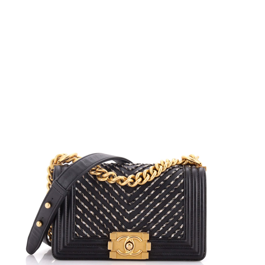 Chanel By The Sea Boy Flap Bag Chevron Embroidered Calfskin: Embroidered chevron calfskin puts a seaside motif across a Boy that otherwise keeps all its usual hardware. Small scale suits the treatment, since at 7.5 by 5 by 3 inches the embroidery covers the pan