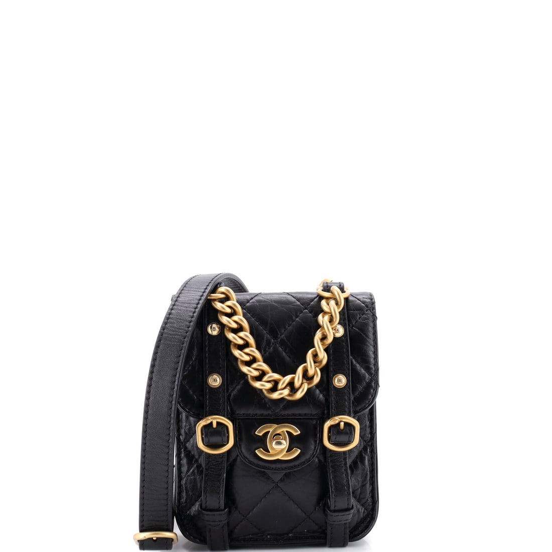 Chanel City School Flap Messenger Bag Quilted Aged Calfskin: Slightly wider than its siblings here at 5.5 by 6.5 by 1.5 inches, this Mini City School keeps the same slim messenger profile. Aged calfskin absorbs handling rather than showing it, which suits a cro