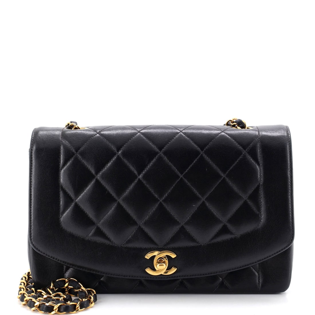 Chanel Vintage Diana Flap Bag Quilted Lambskin: Quilted lambskin on a vintage Diana carries a patina current production cannot fake. This Medium measures 10 by 6.5 by 3 inches, matching the other full-size Diana here almost exactly. The single flap