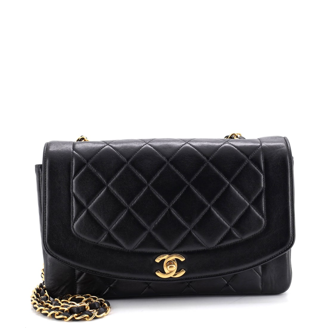 Chanel Vintage Diana Flap Bag Quilted Lambskin: Nine and a half inches across, 6.5 high, 3 deep, a Medium Diana a touch under its siblings in this sale. The model's appeal is restraint: quilted lambskin, one flap, minimal hardware. Vintage examples