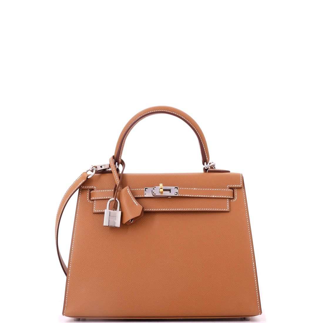 Hermes Kelly Handbag Brown Epsom with Electrum Hardware: A brown Epsom Kelly with electrum hardware, an unusual finish that reads between gold and palladium and is far less common at auction than either. Epsom's pressed grain keeps the flap crisp and the co