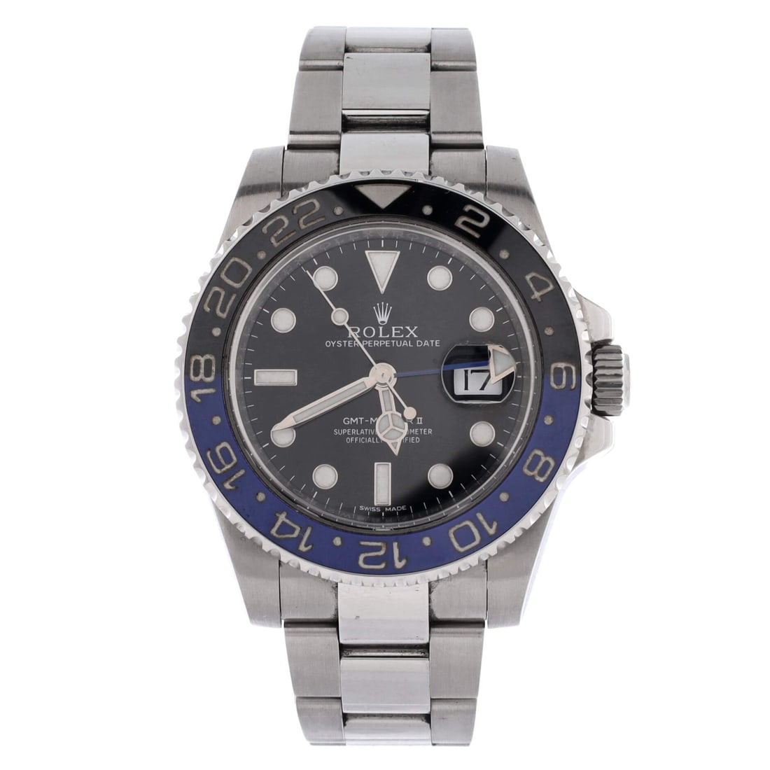 Rolex Oyster Perpetual Date GMT-Master II Batman Automatic Watch Stainless Steel and Cerachrom: The GMT-Master II in the Batman configuration, with the blue and black Cerachrom bezel that made the reference a modern Rolex benchmark. Stainless steel case and bracelet, automatic movement, and a 24