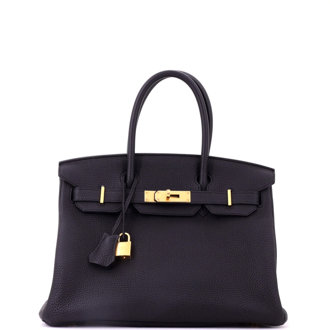 Hermes Birkin Handbag Black Togo with Gold Hardware: Black Togo Birkin with gold hardware, the combination collectors wait longest for. The grained leather absorbs daily use while the gold fittings keep the bag from reading severe. Full day proportions 