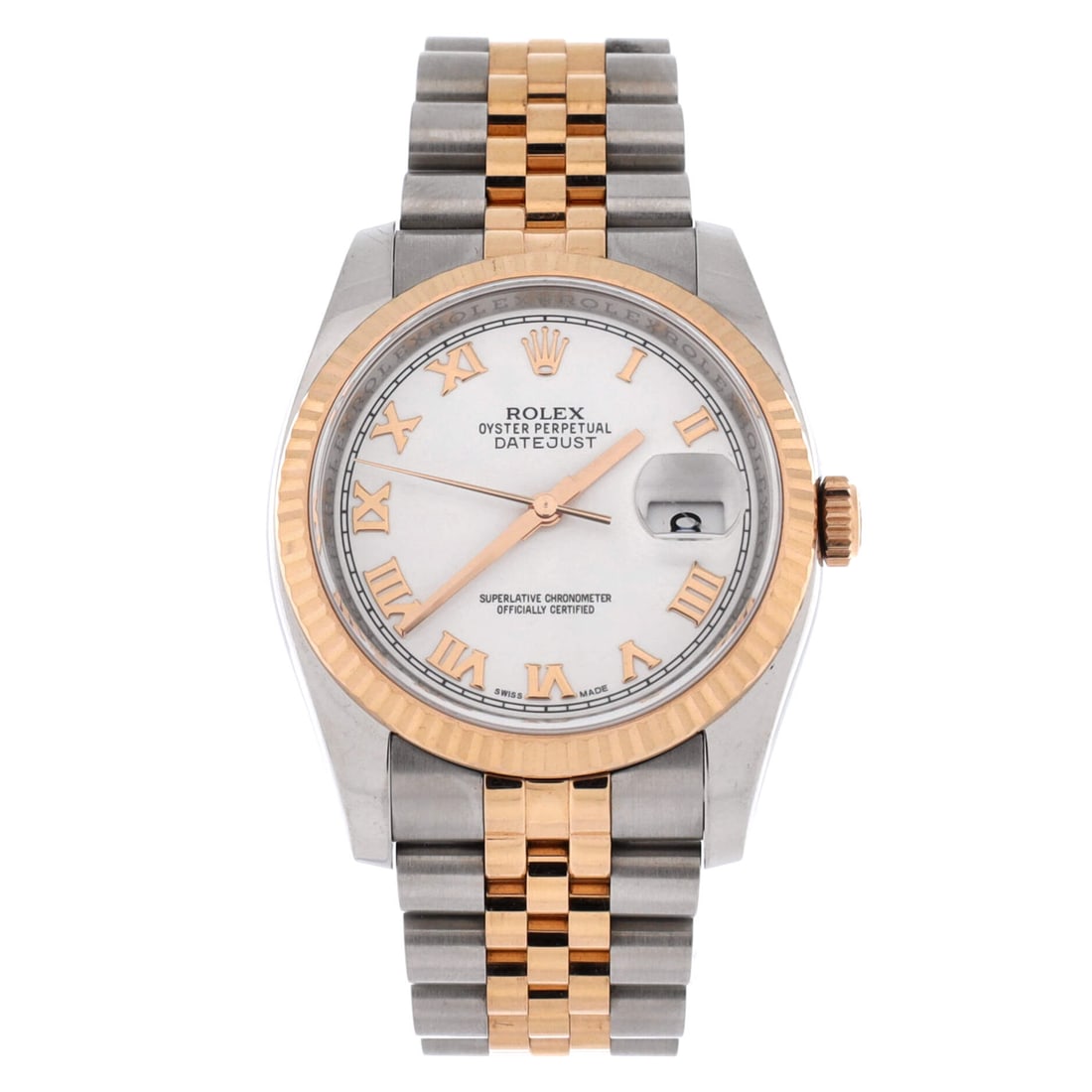 Rolex Oyster Perpetual Datejust Automatic Watch Stainless Steel and Rose Gold: A two-tone Datejust in stainless steel and rose gold, the version that has quietly outpaced yellow gold demand over the last several years. Automatic movement, date at three, and the fluted-and-steel 