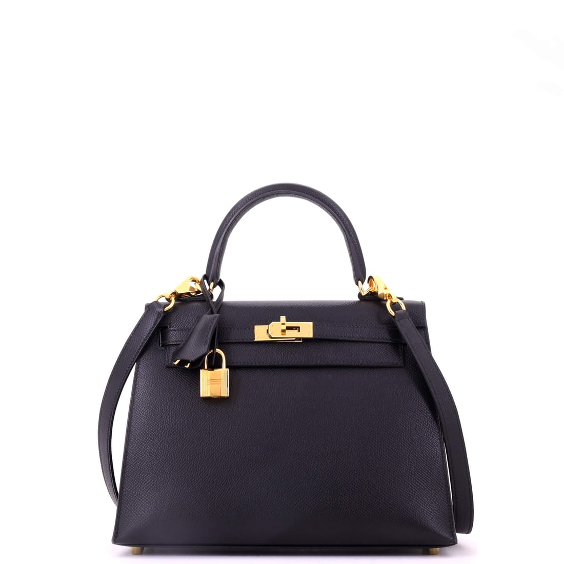 Hermes Kelly Handbag Black Epsom with Gold Hardware: Black Epsom Kelly with gold hardware, structured, sharp-cornered and about as durable as the model gets. Epsom resists slouching, which matters on a bag whose value is tied to how well the flap and co