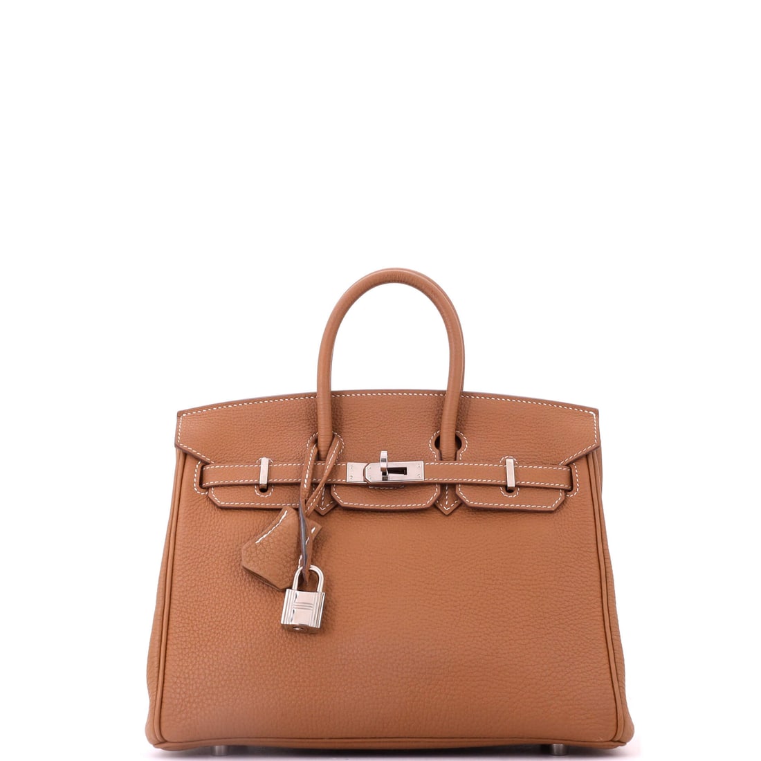 Hermes Birkin Handbag Brown Togo with Palladium Hardware: Brown Togo Birkin in the 10 in width, paired with palladium hardware for a cooler finish than the more common gold. Height of 8 in and depth of 5 in put it squarely in everyday territory. Togo's pebbl