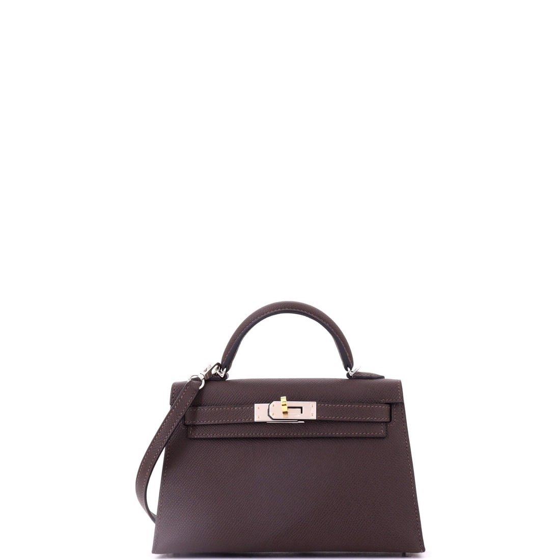 Hermes Kelly Mini II Bag Brown Epsom with Electrum Hardware: Brown Epsom Kelly Mini II with electrum hardware, a scarce finish on the most in-demand size Hermes currently makes. Epsom holds the miniature proportions crisply where softer leathers would collapse.